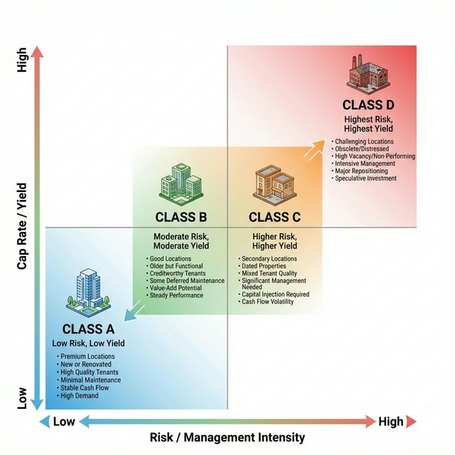 Matrix chart comparing Class A, B, C, and D properties across Risk and Yield dimensions