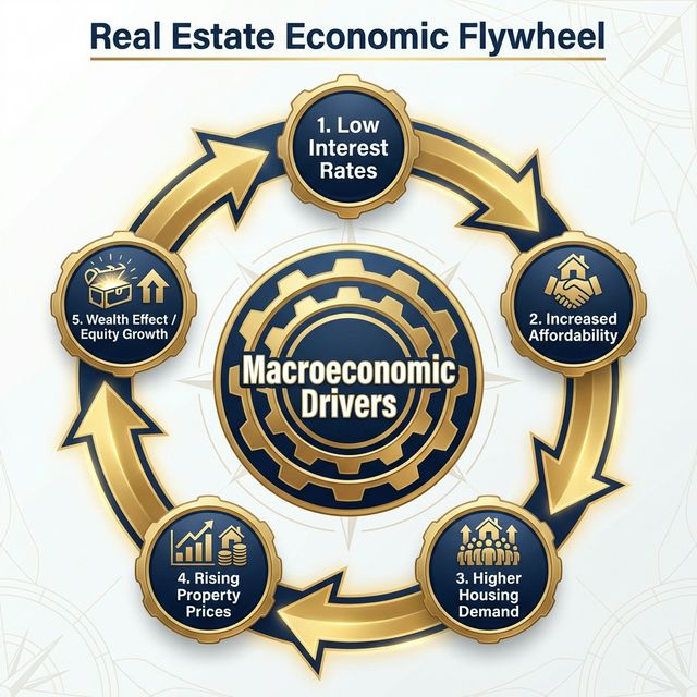 Cycle diagram showing the feedback loop between Interest Rates, Affordability, Demand, Prices, and Wealth Effect